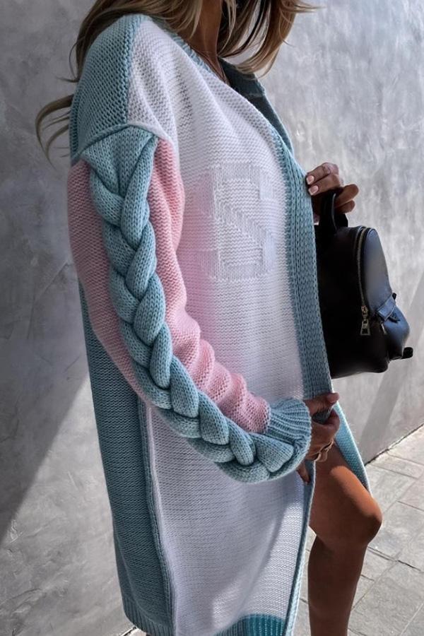 Gehäkelte Strickjacke mit Farbblock und rundem Kragen