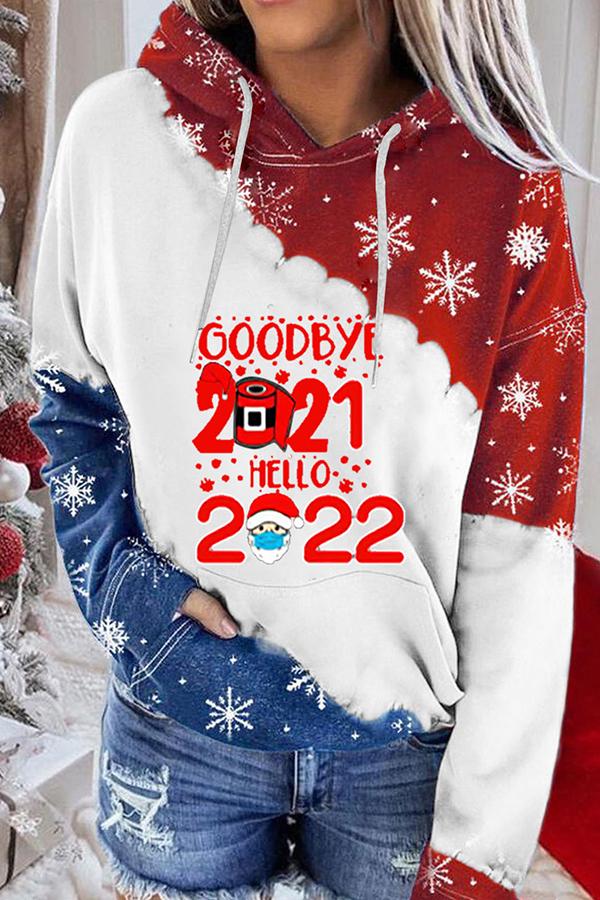 Santa Claus Print Color Block Hoodie  (Red and blue)