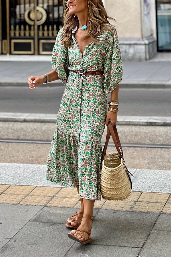 Robe sirène à manches bouffantes et col boutonné à cinq points