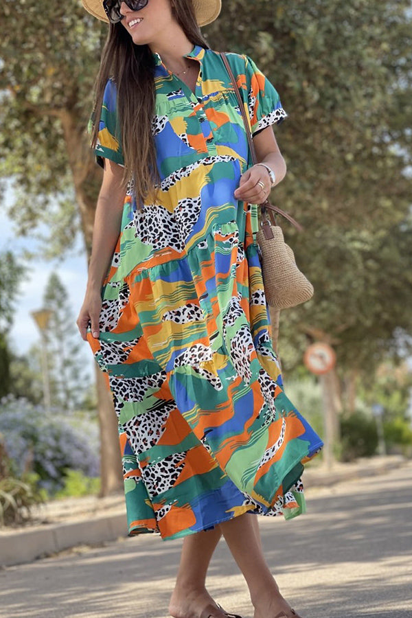 Always True – Bedrucktes, gestuftes Button-Down-Hemd mit entspanntem Midikleid