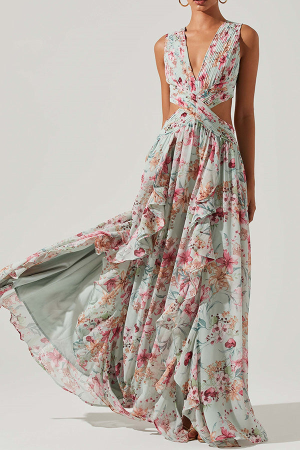 Robe longue plissée à col en V et ourlet à volants Flora