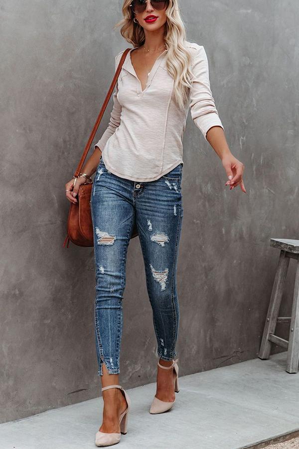 Langarm-Oberteil mit V-Ausschnitt