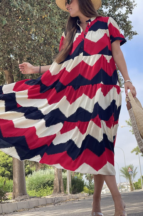 Always True – Bedrucktes, gestuftes Button-Down-Hemd mit entspanntem Midikleid