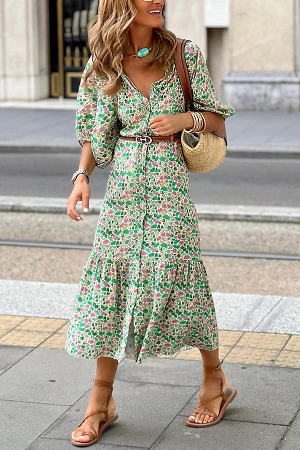 Robe sirène à manches bouffantes et col boutonné à cinq points