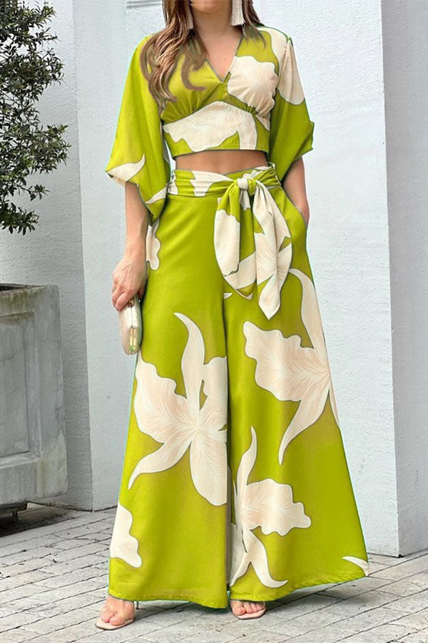 Ensemble deux pièces haut à manches longues et col en V imprimé tendance et pantalon large
