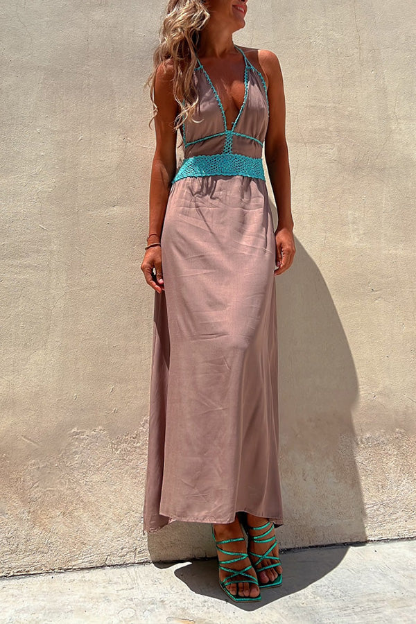 Ärmelloses Sommerkleid mit Sling-Spitze und tiefem V-Ausschnitt und rückenfreiem Schnitt