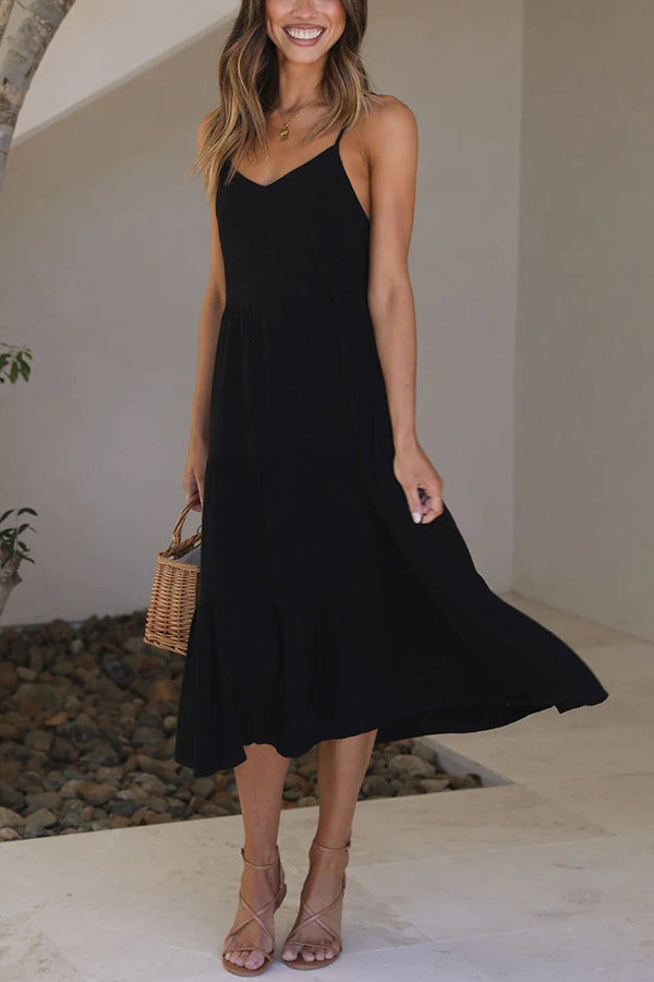 Robe mi-longue smockée en lin mélangé avec poches dans le dos