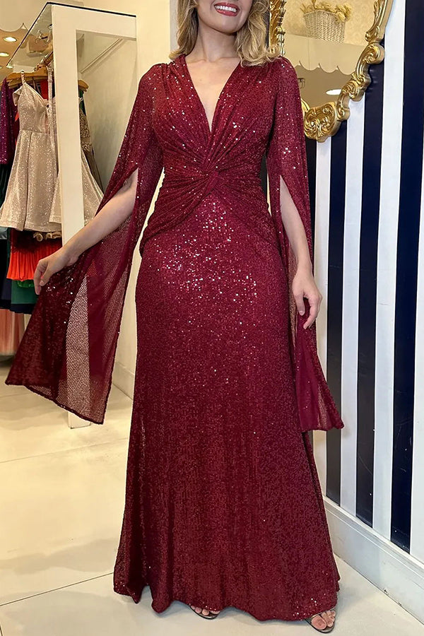 Shine Brighter – Maxi-Abendkleid mit Pailletten und Cape-Ärmeln und überkreuzter Taille