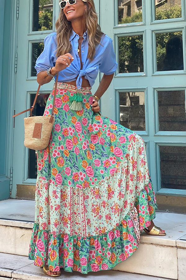 Audrina Maxirock mit Bohemien-Print und elastischer Taille und Quaste