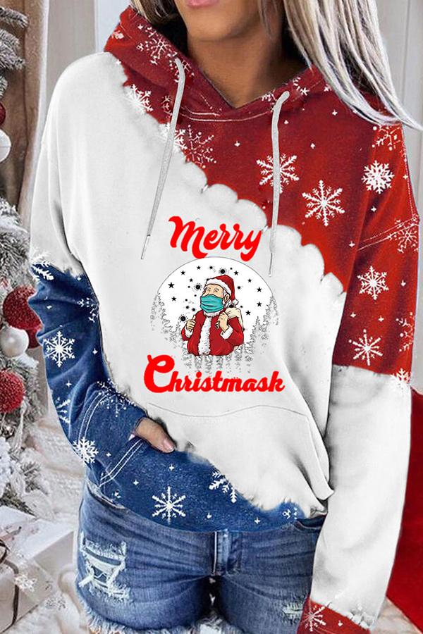 Santa Claus Print Color Block Hoodie  (Red and blue)