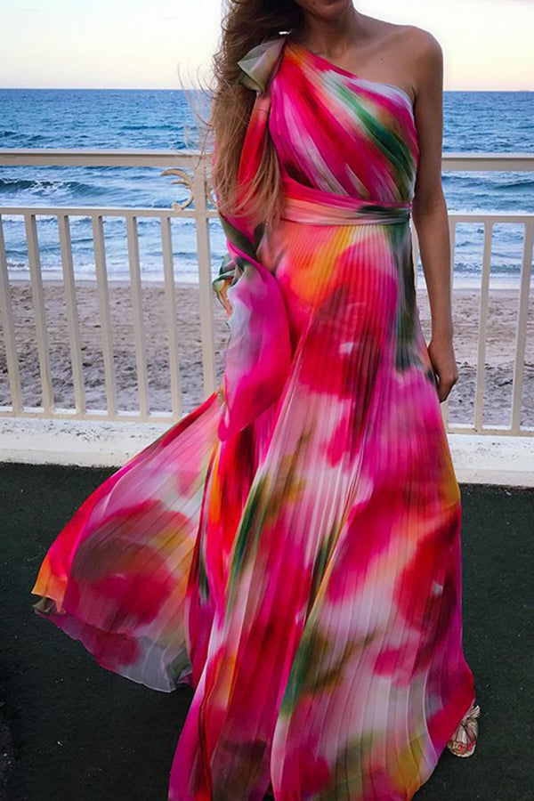 Rainbow Print Pleated Neck Maxi Dress