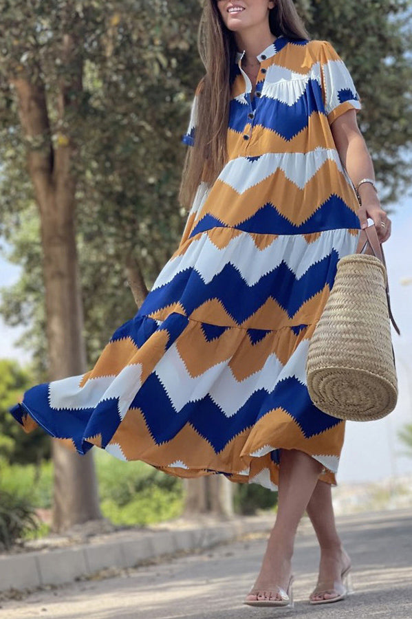 Always True – Bedrucktes, gestuftes Button-Down-Hemd mit entspanntem Midikleid