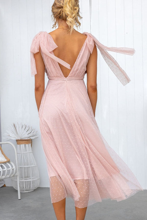 Robe mi-longue d'été Cendrillon en tulle à pois et bretelles nouées