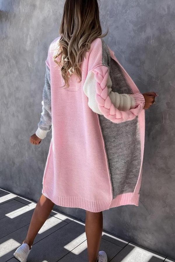 Gehäkelte Strickjacke mit Farbblock und rundem Kragen