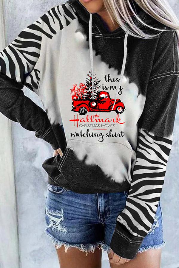 Kapuzenpullover mit Weihnachtsmann-Print und Farbblockdesign (Schwarz)