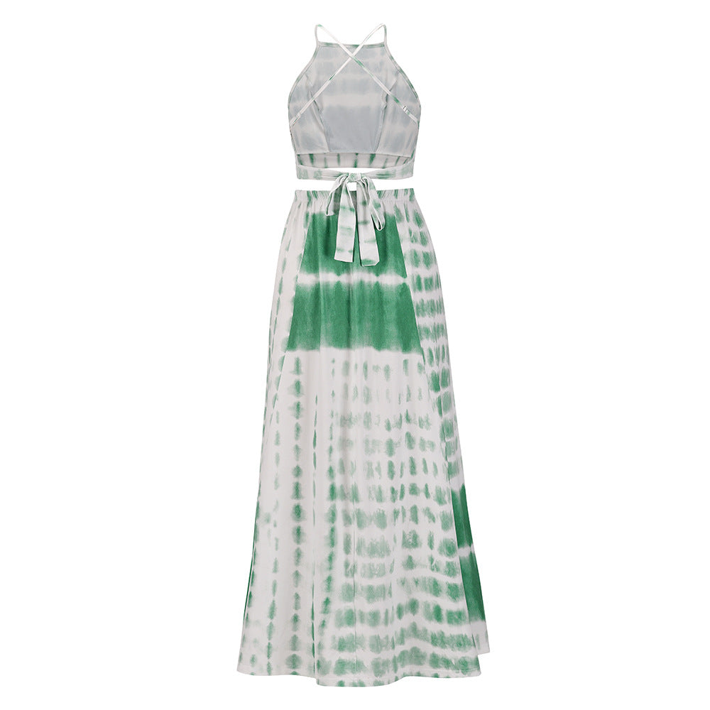 Ensemble deux pièces haut à bretelles et jupe évasée à la mode pour femme avec taille à la taille et grande jupe évasée