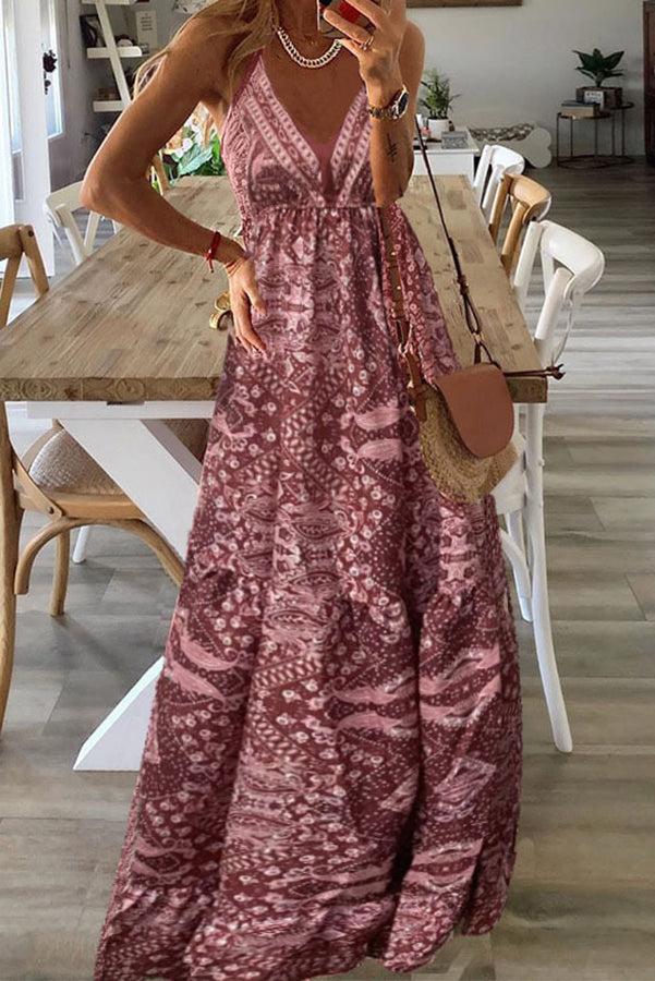 Celeste Boho Maxikleider mit bedruckten Trägern und elastischer Taille