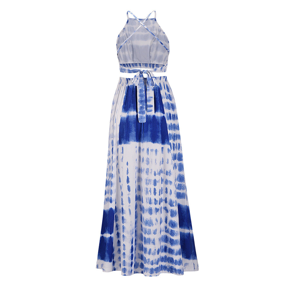 Ensemble deux pièces haut à bretelles et jupe évasée à la mode pour femme avec taille à la taille et grande jupe évasée