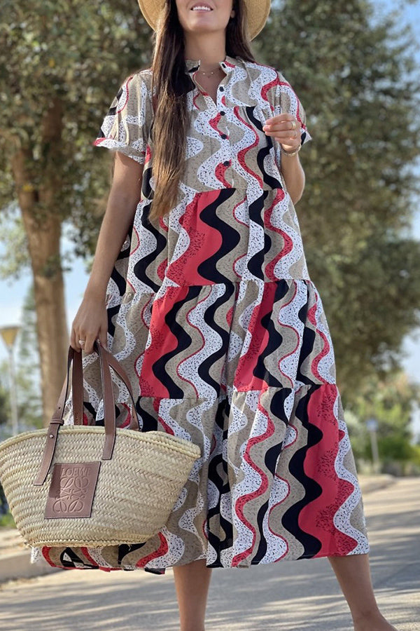 Always True – Bedrucktes, gestuftes Button-Down-Hemd mit entspanntem Midikleid