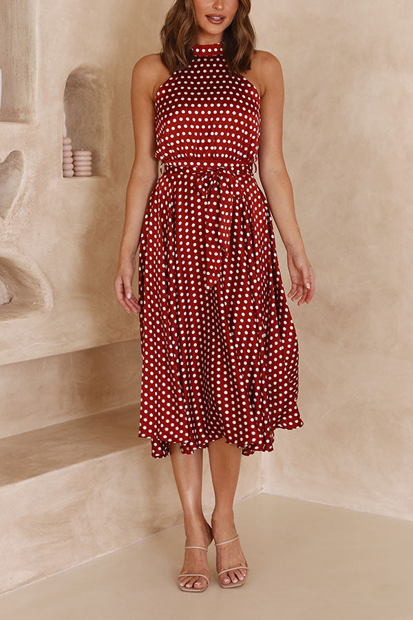 Robe longue trapèze slim à pois et col licou