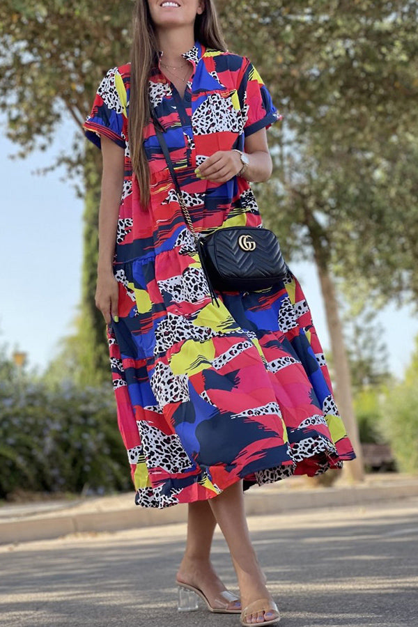 Always True – Bedrucktes, gestuftes Button-Down-Hemd mit entspanntem Midikleid