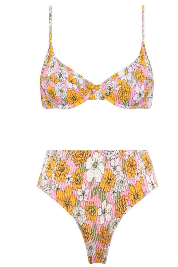 Maillot de bain deux pièces à imprimé floral et à plis