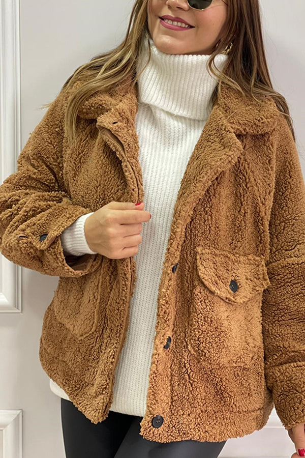 Manteau en peluche à poches doublées marron lait