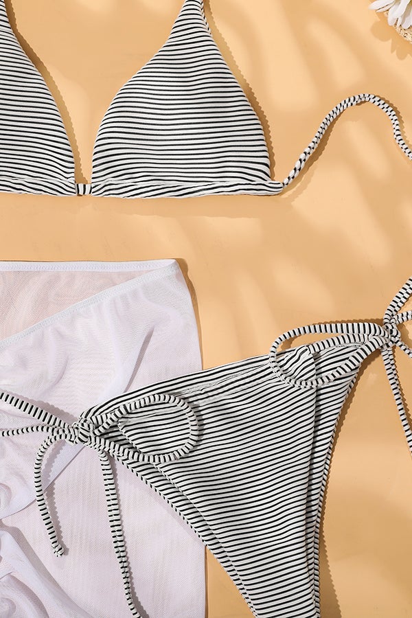 Dreiteiliger Bikini mit hoher Taille und gestreiftem Kordelzug