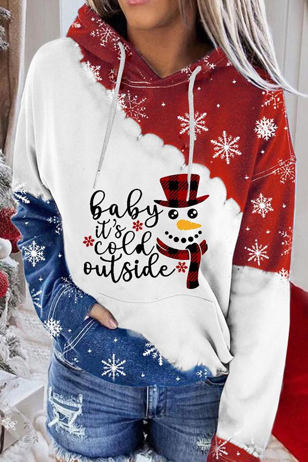 Santa Claus Print Color Block Hoodie  (Red and blue)