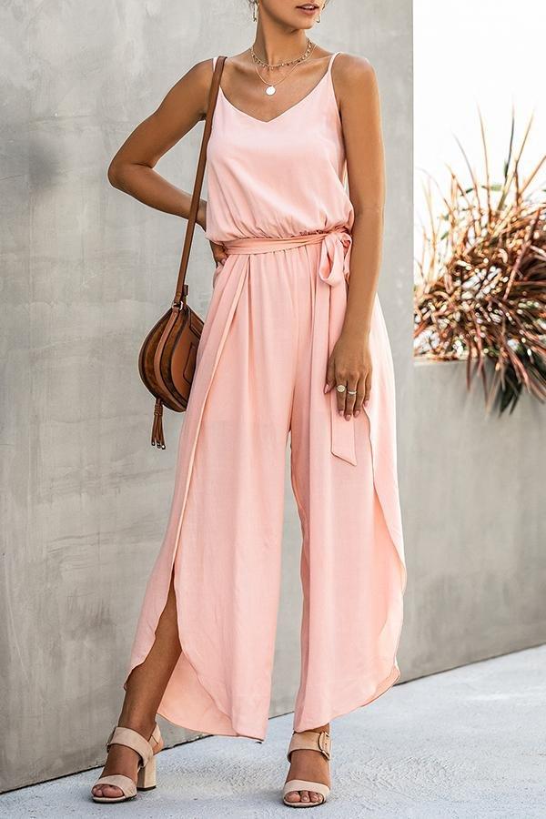 Modischer Jumpsuit mit V-Ausschnitt, weitem Bein und Schlitz (mit Gürtel)