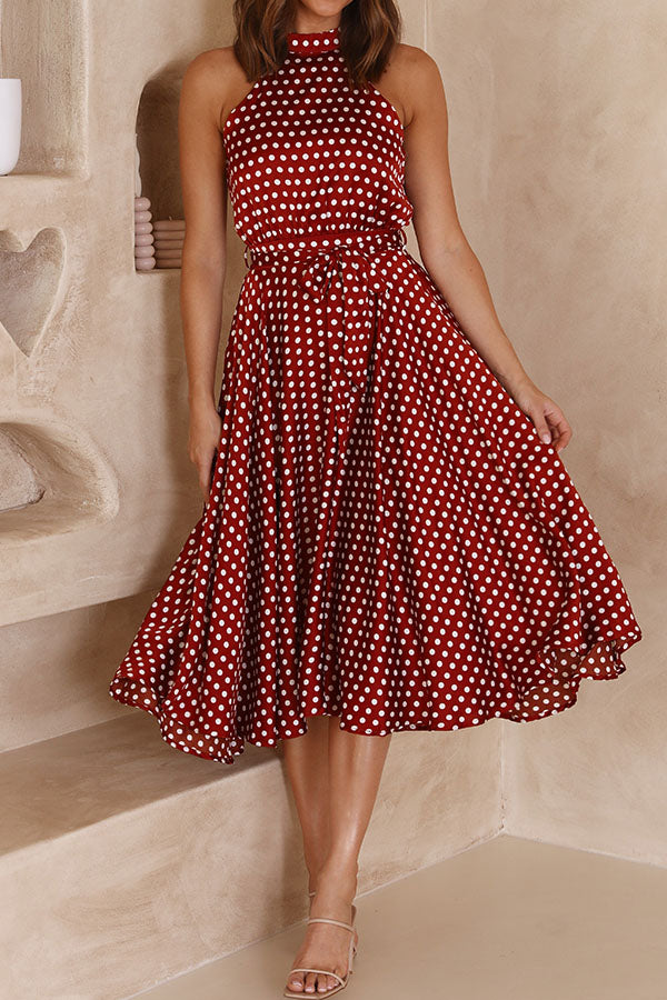 Robe longue trapèze slim à pois et col licou