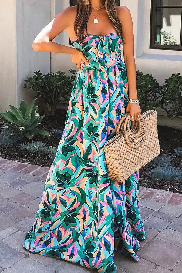 Paradise Calling – Schulterfreier Jumpsuit mit tropischem Print