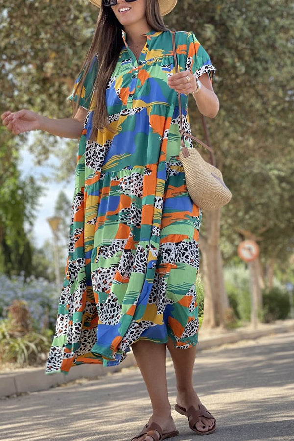 Always True – Bedrucktes, gestuftes Button-Down-Hemd mit entspanntem Midikleid