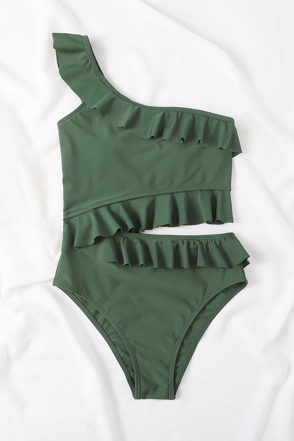 Solid Color Ruffled Cutout One-piece Swimsuit