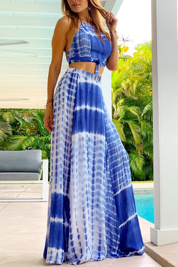 Ensemble deux pièces haut à bretelles et jupe évasée à la mode pour femme avec taille à la taille et grande jupe évasée