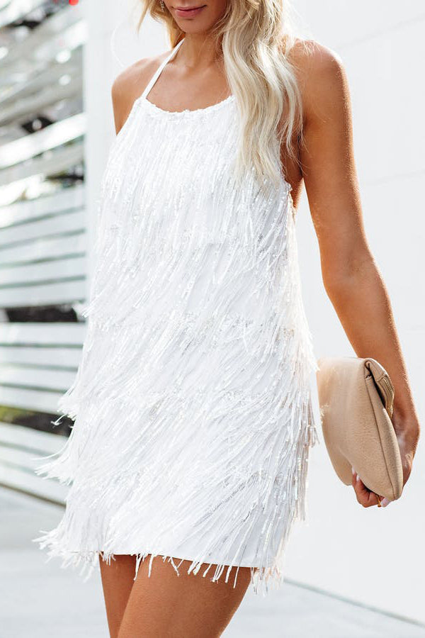 COSMIC PAILLETTEN-MINIKLEID MIT FRANSEN – WEISS