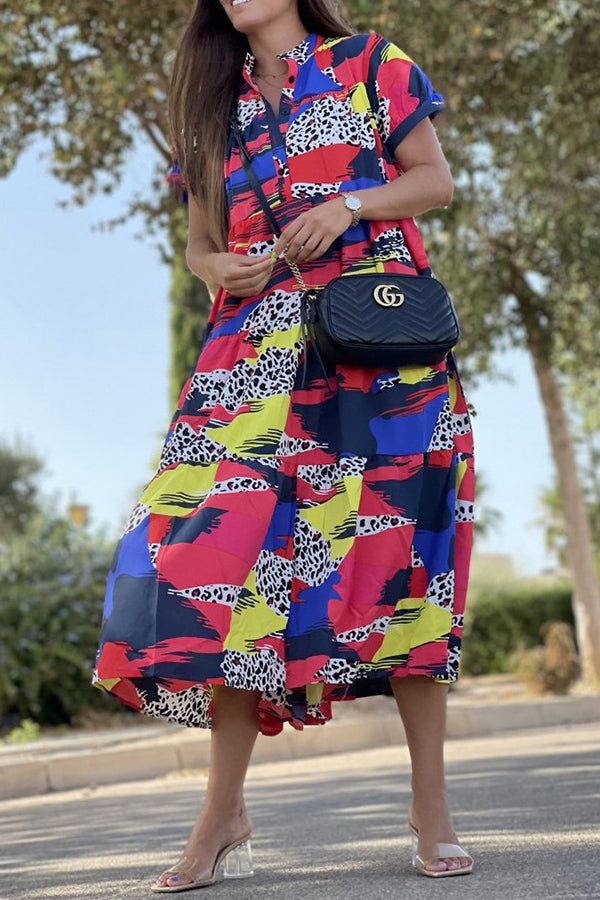 Always True – Bedrucktes, gestuftes Button-Down-Hemd mit entspanntem Midikleid