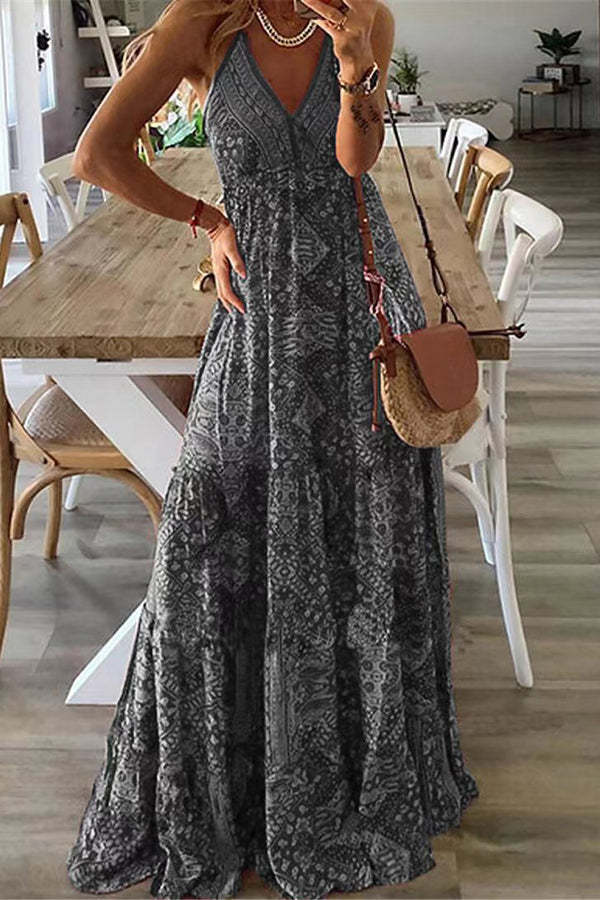 Celeste Boho Maxikleider mit bedruckten Trägern und elastischer Taille