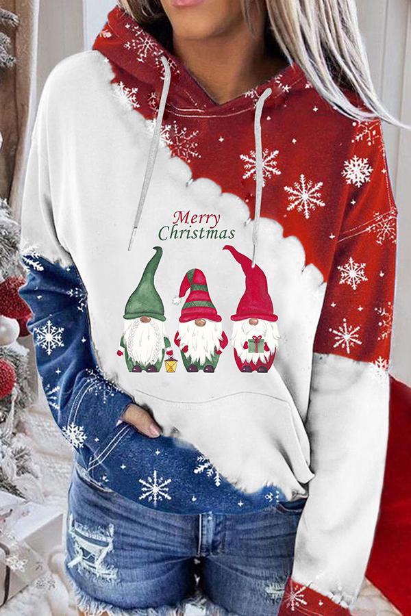 Santa Claus Print Color Block Hoodie  (Red and blue)