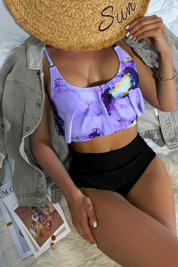 Bikini mit hoher Taille und mehrfarbigem Marmor-Print und Rüschen