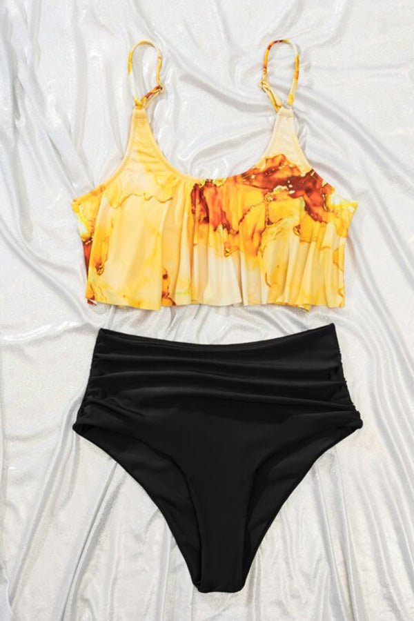 Bikini mit hoher Taille und mehrfarbigem Marmor-Print und Rüschen