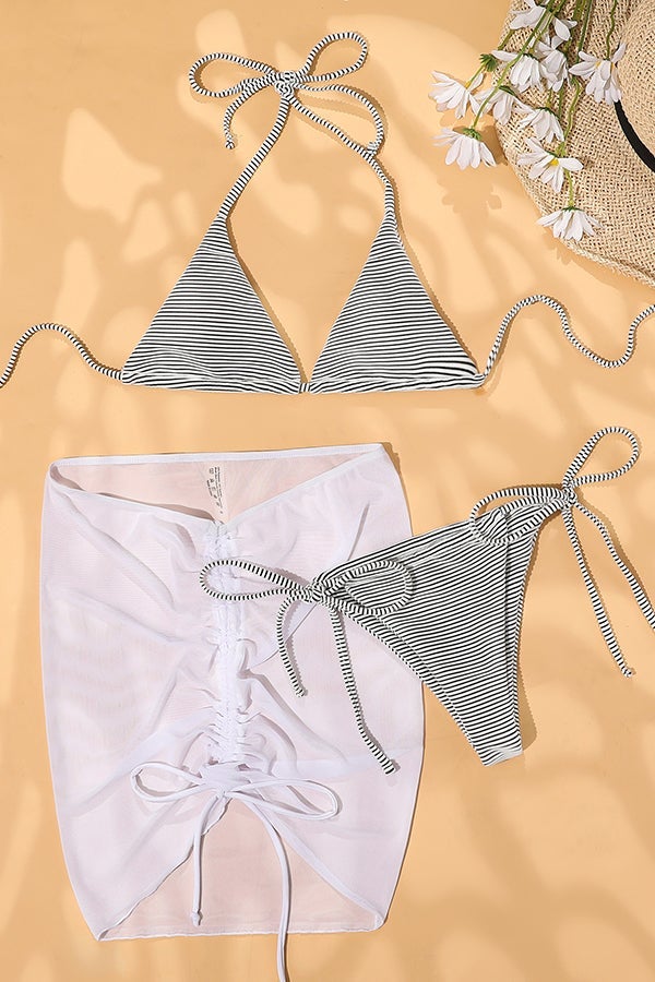 Dreiteiliger Bikini mit hoher Taille und gestreiftem Kordelzug