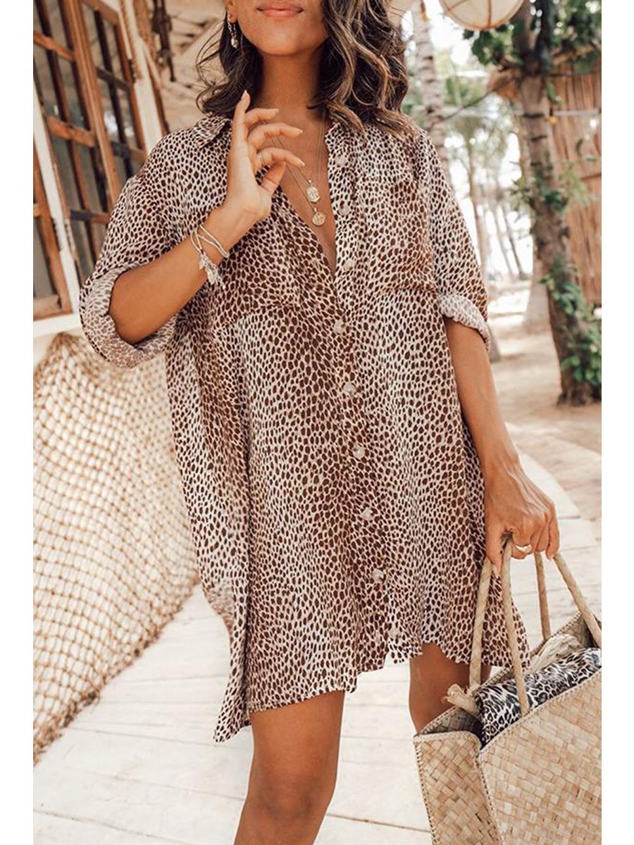 Leopard Printed Long Sleeve Shirt Mini Dress