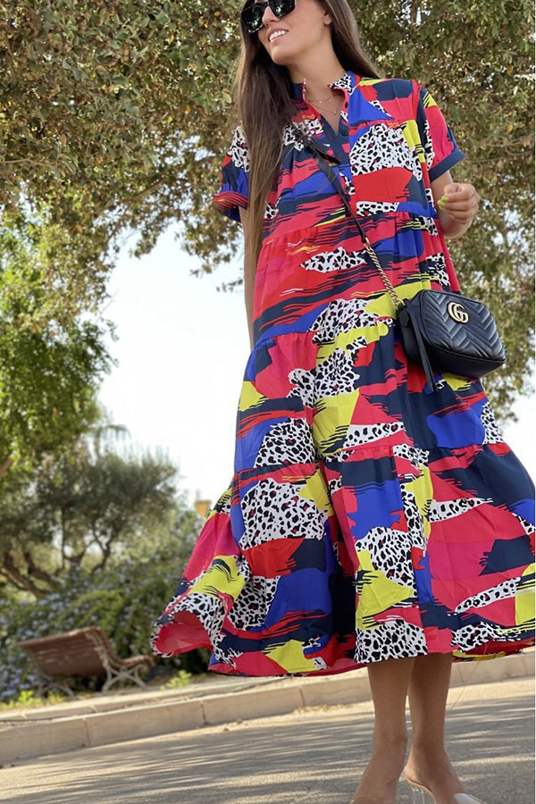 Always True – Bedrucktes, gestuftes Button-Down-Hemd mit entspanntem Midikleid