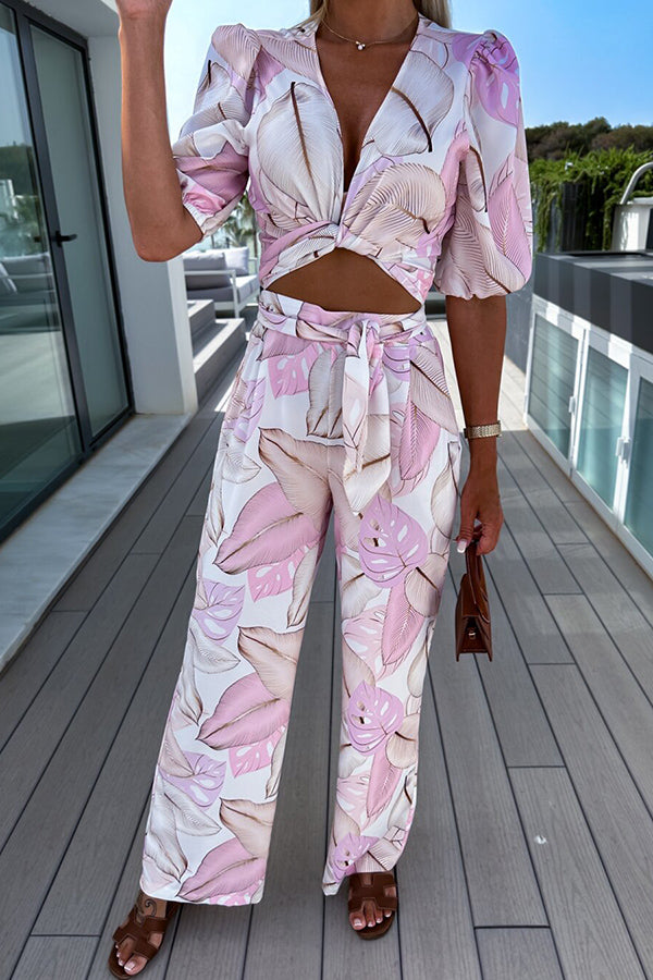 Sunny Beach – Set mit Oberteil zum Binden mit tropischem Print und Hose mit elastischer Taille und Taschen