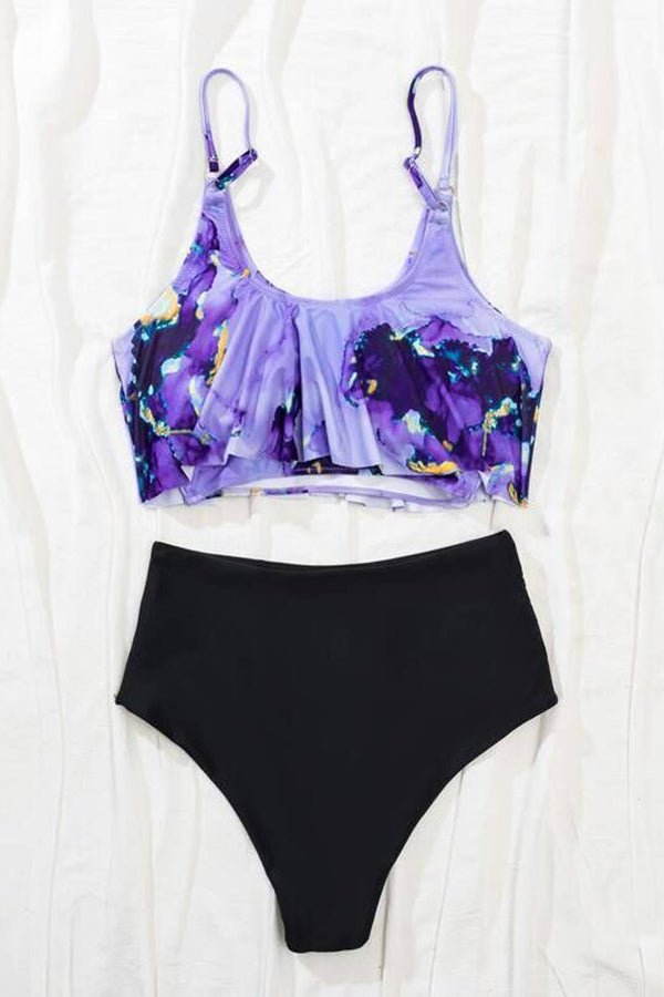 Bikini mit hoher Taille und mehrfarbigem Marmor-Print und Rüschen