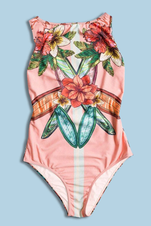 Einteiliger Badeanzug mit Rundhalsausschnitt, ethnischem Print und offenem Rücken