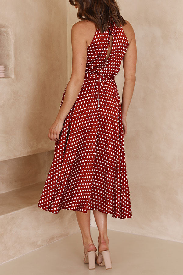 Robe longue trapèze slim à pois et col licou