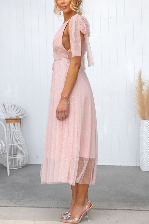 Robe mi-longue d'été Cendrillon en tulle à pois et bretelles nouées