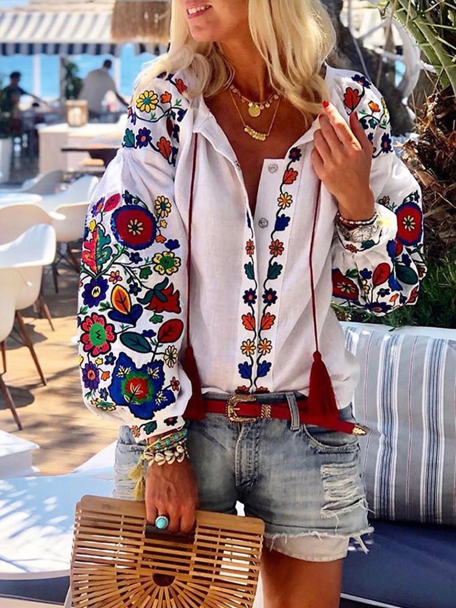 Damenhemden Blumenstickerei Langarm V-Ausschnitt Tägliches Boho-Shirt